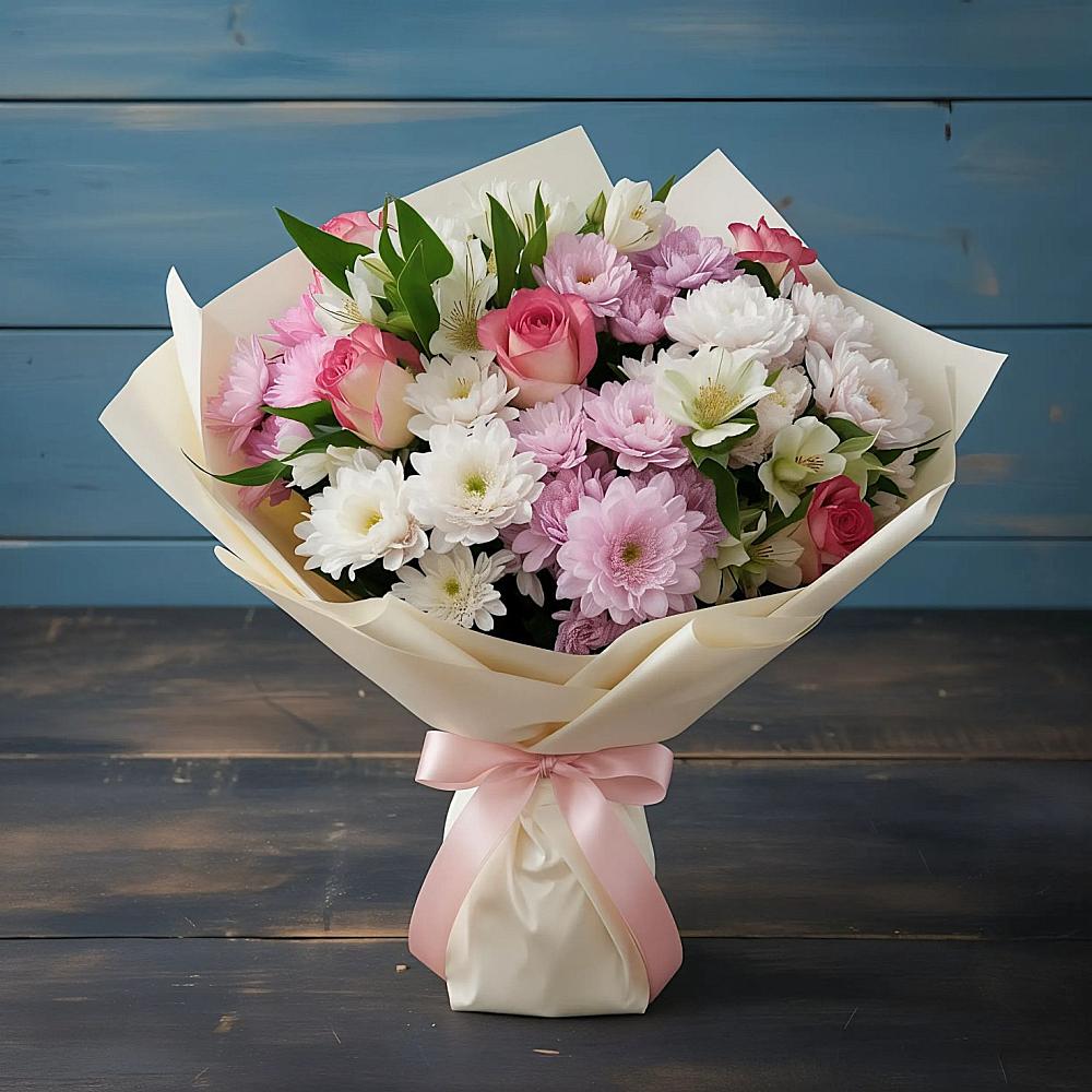 Букет цветов из: Хризантемы, Альстромерии и Розы в Болохово